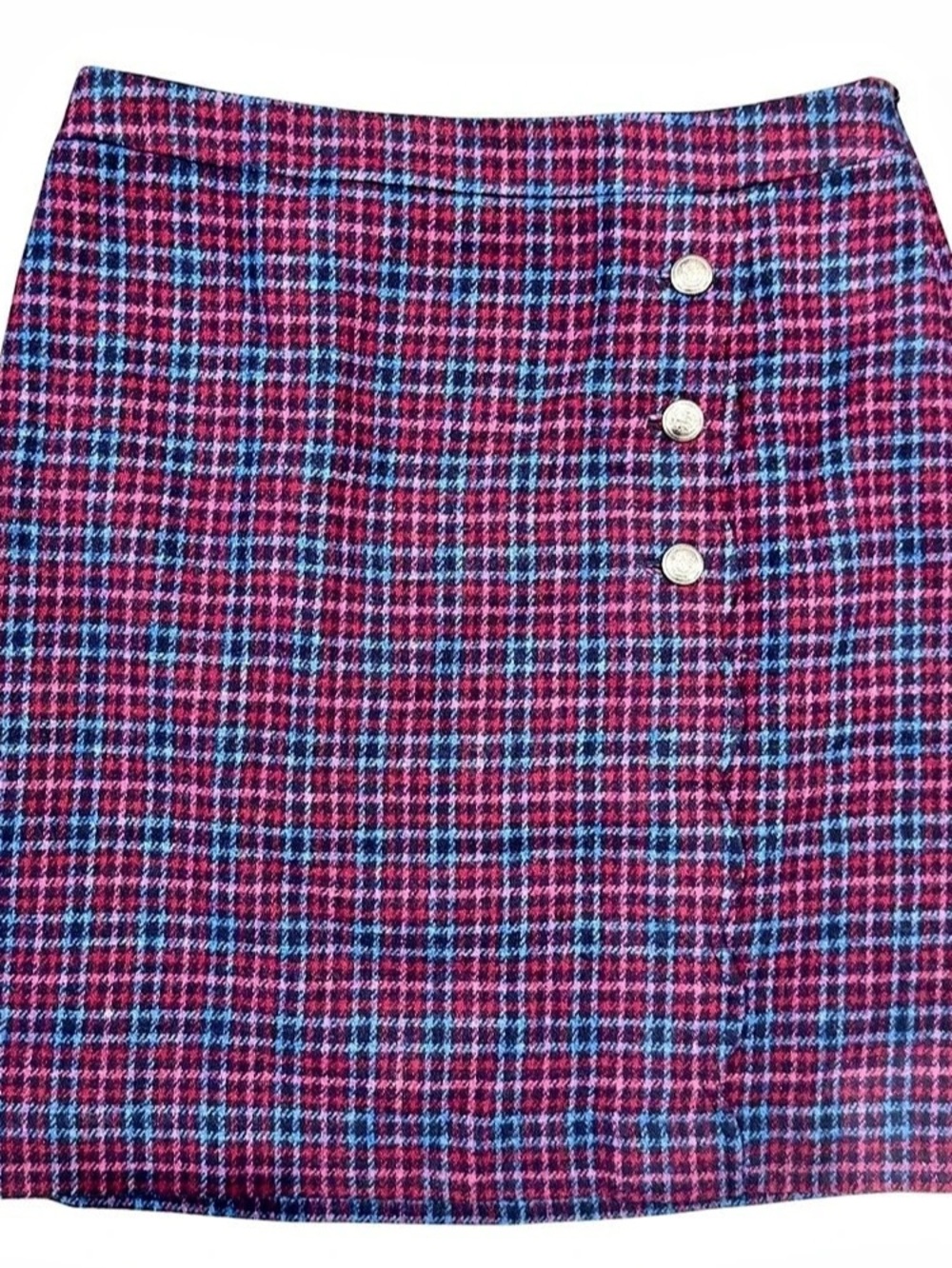 Talbots Wool-Blend Pink and Blue Plaid Tweed Skirt (Size 8)